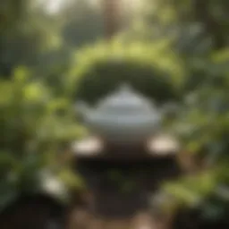 Tea leaves in a serene garden setting