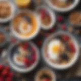 A colorful array of gut-friendly breakfast foods including yogurt, berries, and nuts.