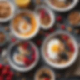 A colorful array of gut-friendly breakfast foods including yogurt, berries, and nuts.