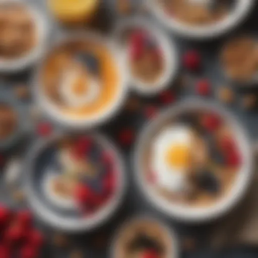 A colorful array of gut-friendly breakfast foods including yogurt, berries, and nuts.