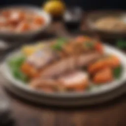 A plate showcasing a variety of low carb proteins like grilled chicken and salmon.