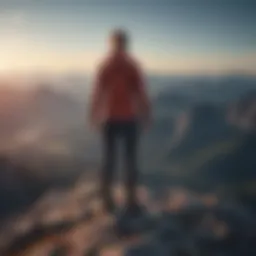 Abstract concept of confident woman standing tall on mountain peak