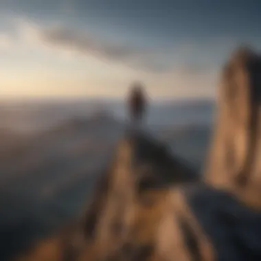 Reaching New Heights A person standing confidently on a mountain peak, overlooking vast horizons