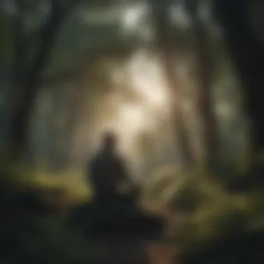 Silhouette of a person meditating in a tranquil forest setting