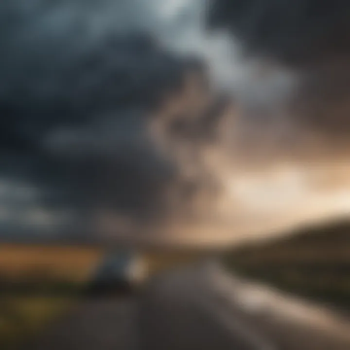 A serene landscape with storm clouds looming overhead, illustrating the impact of stress on mental health