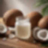 Close-up of coconut oil in a glass jar with fresh coconuts