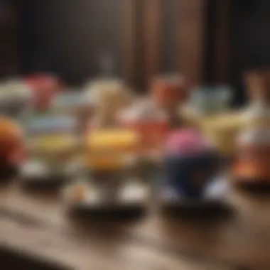 Variety of colorful tea cups on a wooden table