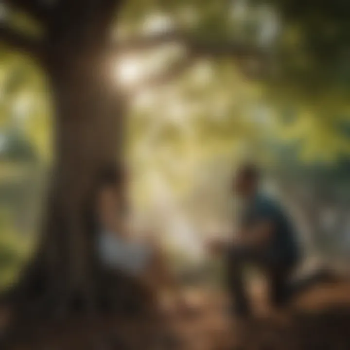 Couple having a heartfelt conversation under a tree