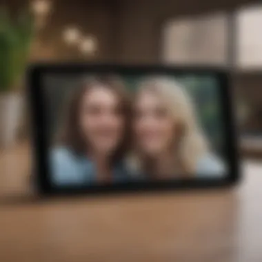 A digital tablet displaying a video call between a couple in a long-distance relationship