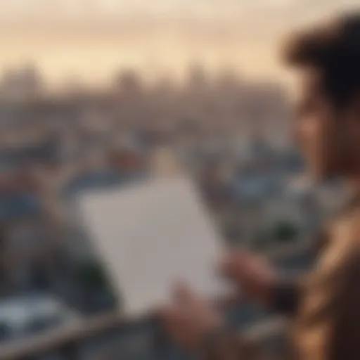 A man holding a handwritten love letter with a distant cityscape in the background