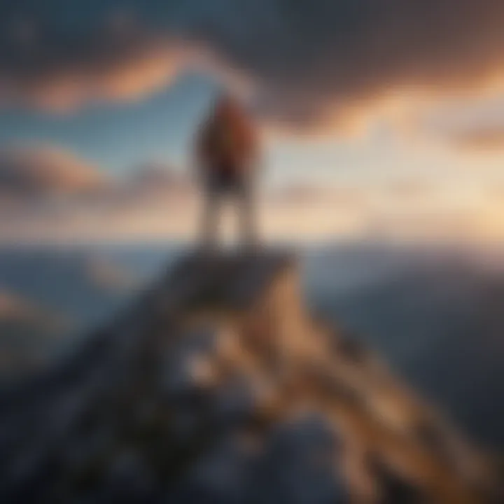 Illustration portraying a person standing on a mountain peak signifying achievement and fulfillment