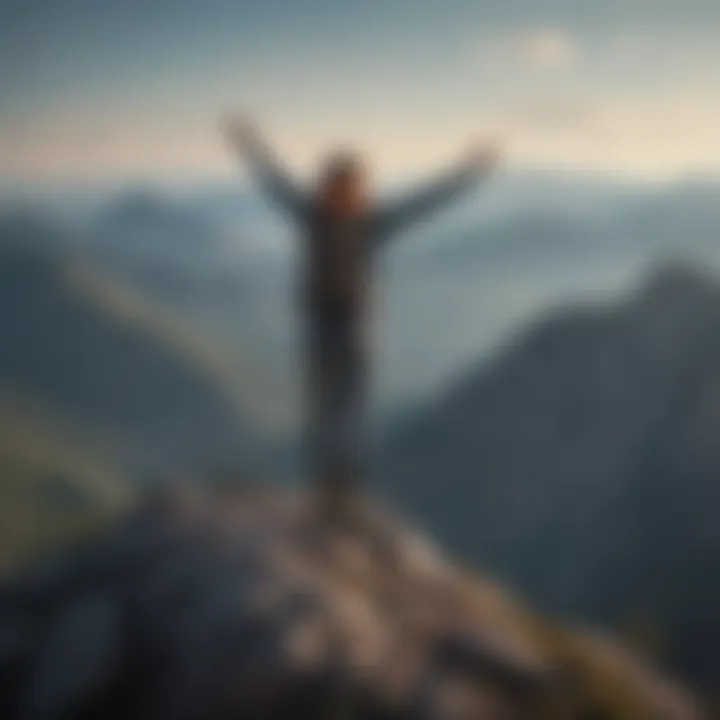 A person standing atop a mountain, representing achievement and self-empowerment.