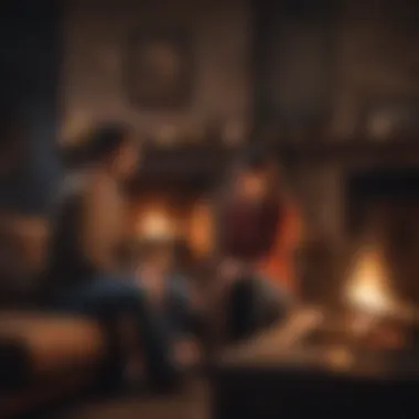 Illustration of a couple sitting by a fireplace engaged in a deep philosophical conversation