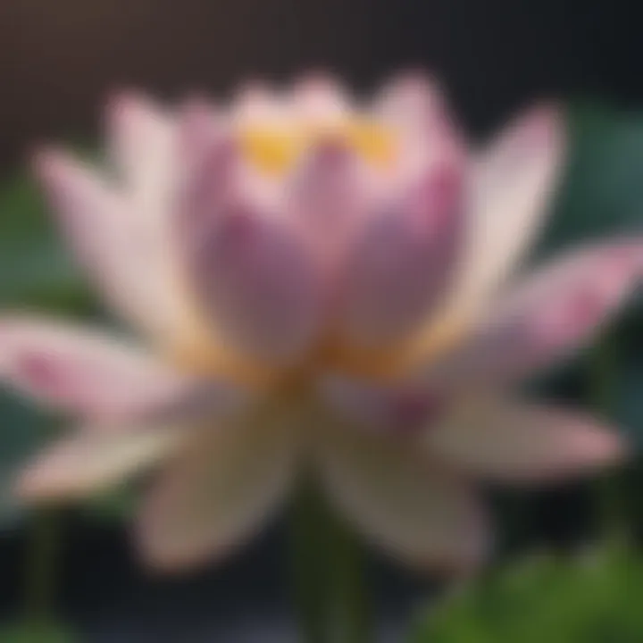 Close-up of a blooming lotus flower with dew drops on its petals