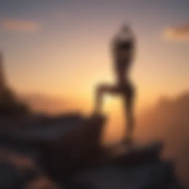 Silhouette of a person practicing yoga on a cliff at sunrise