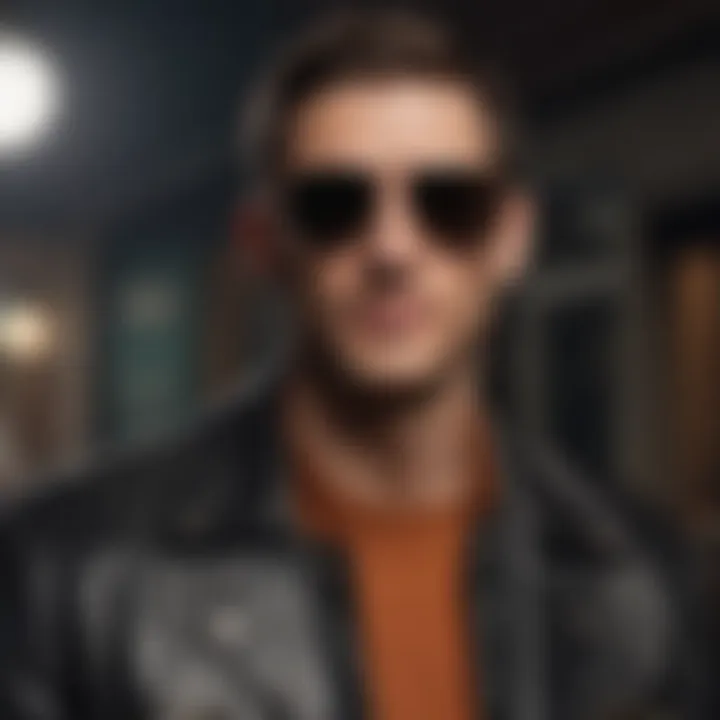 A retro-inspired look featuring a vintage leather jacket and classic aviator sunglasses