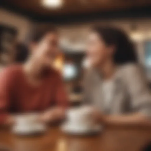 Two friends laughing together in a cozy cafe