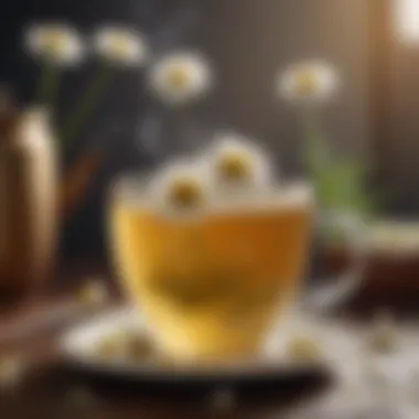 A close-up of a steaming cup of chamomile tea with flowers