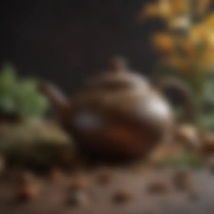 An elegant teapot surrounded by dried leaves and herbs