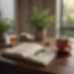 A serene workspace with an open journal and a cup of herbal tea, symbolizing mindfulness and reflection.