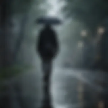 Lonely silhouette walking in the rain