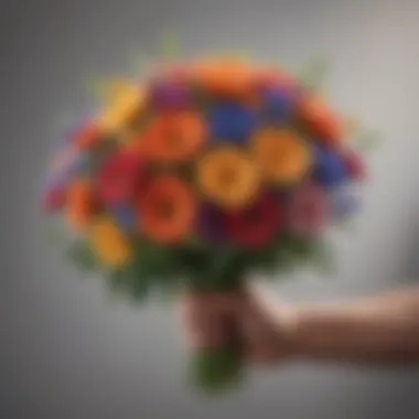 A male hand holding a bouquet of colorful flowers