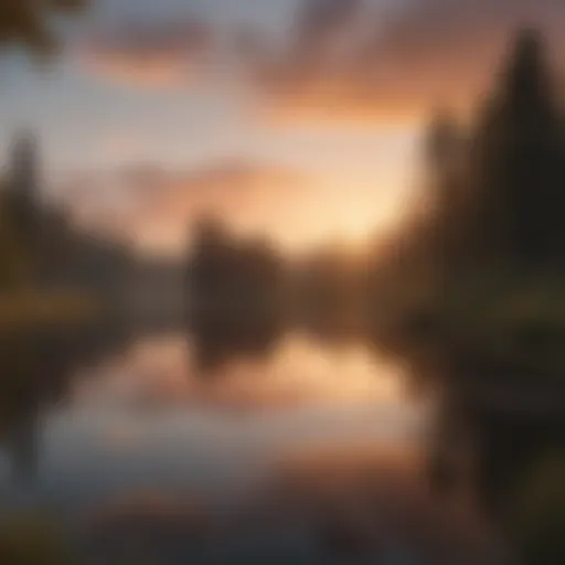 Illustration of a serene sunset over a tranquil lake