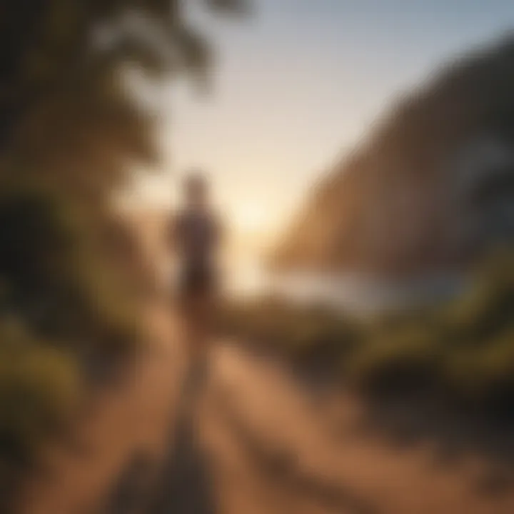 A person jogging along a scenic coastal trail during sunrise