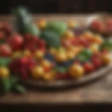 A colorful array of fresh fruits and vegetables on a rustic wooden table