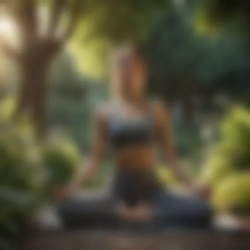 A woman practicing yoga in a serene garden setting