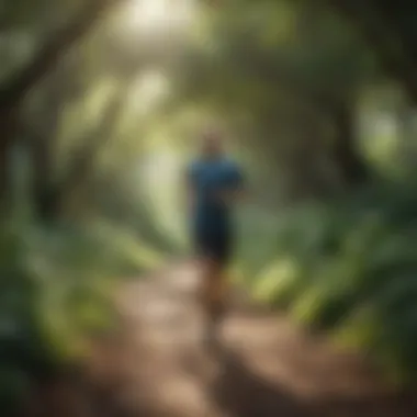 A runner on a scenic trail with lush greenery