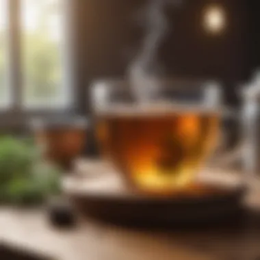 A calming cup of herbal tea with steam rising, placed on a wooden table