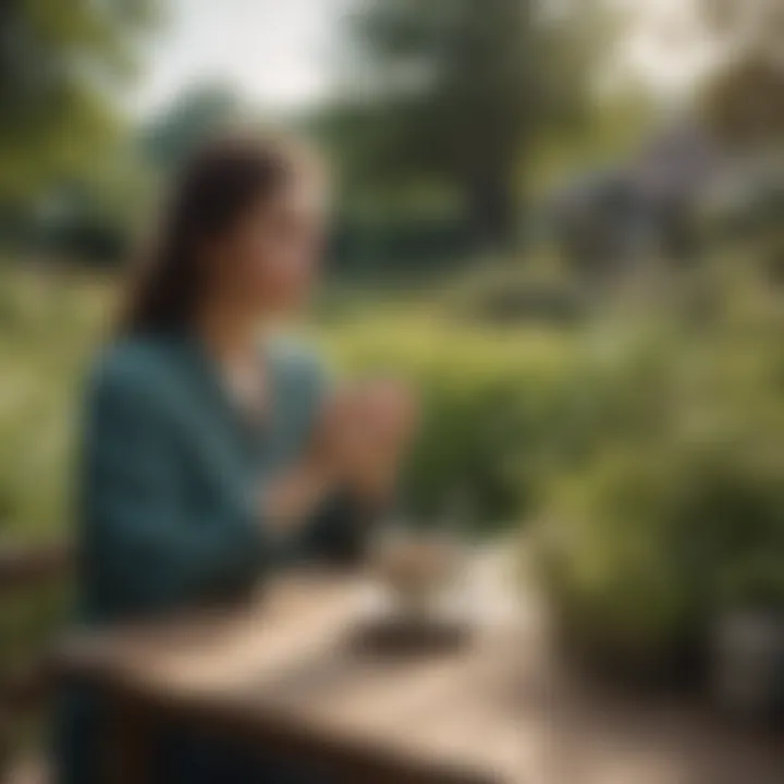 A tranquil outdoor scene with a person enjoying a moment with a cup of tea