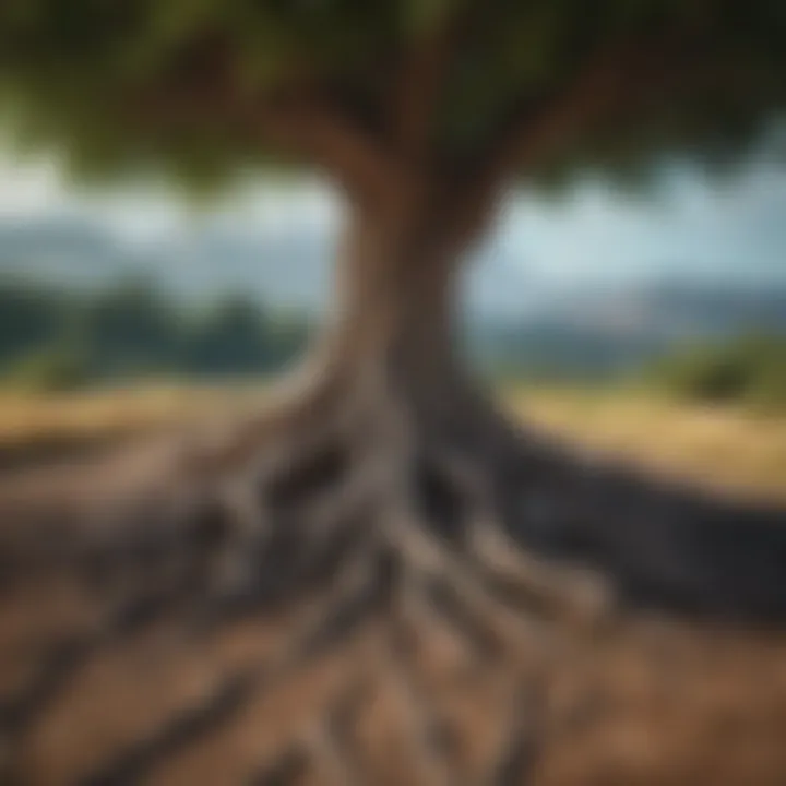 Illustration of a tree with roots deeply embedded in the ground and branches reaching towards the sky