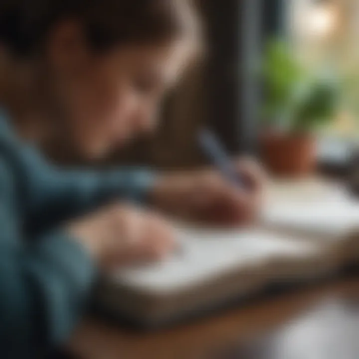 A close-up of a thoughtful individual jotting down reflections in a beautifully decorated journal.