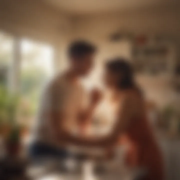 A couple sharing a tender moment in a cozy kitchen bathed in morning light.