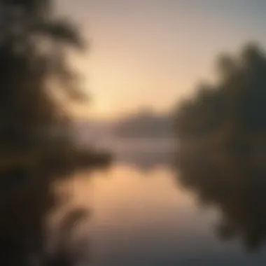 A serene morning scene with a sunrise over a calm lake.