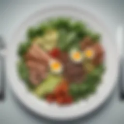A plate showcasing a variety of low carb foods including leafy greens and proteins.
