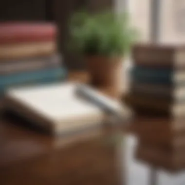 Reflection and Growth through Writing A journal and pen next to a stack of self-help books.