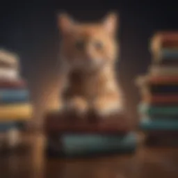 Playful cat balancing on a stack of books