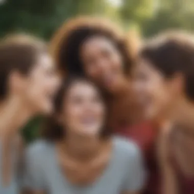 A group of friends sharing laughter with a motivational quote in the background