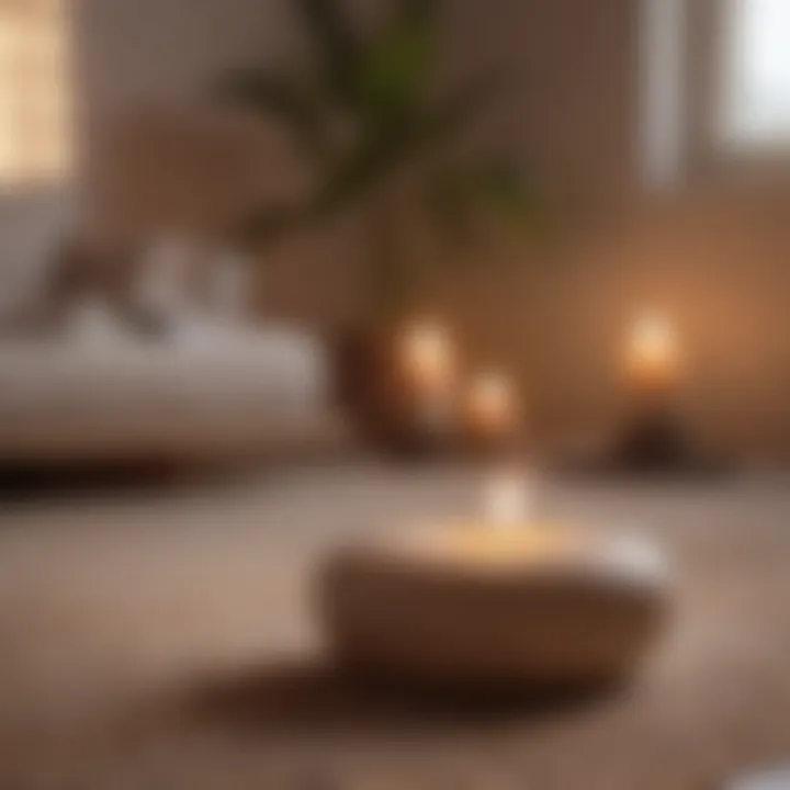 A close-up of a meditation cushion and a lit candle, creating a calming atmosphere.