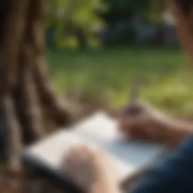 A close-up of a person journaling under a tree