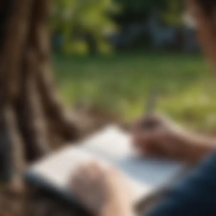 A close-up of a person journaling under a tree