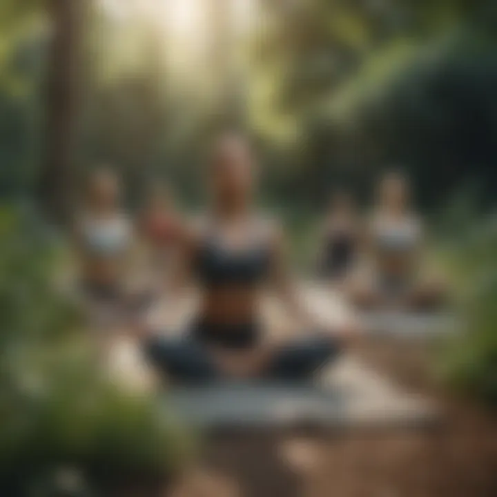 A group engaging in outdoor yoga surrounded by lush greenery