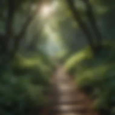 Pathway leading through lush green forest representing a journey to inner peace