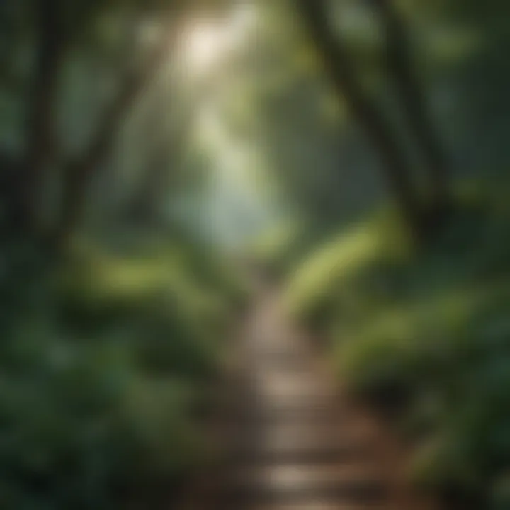 Pathway leading through lush green forest representing a journey to inner peace