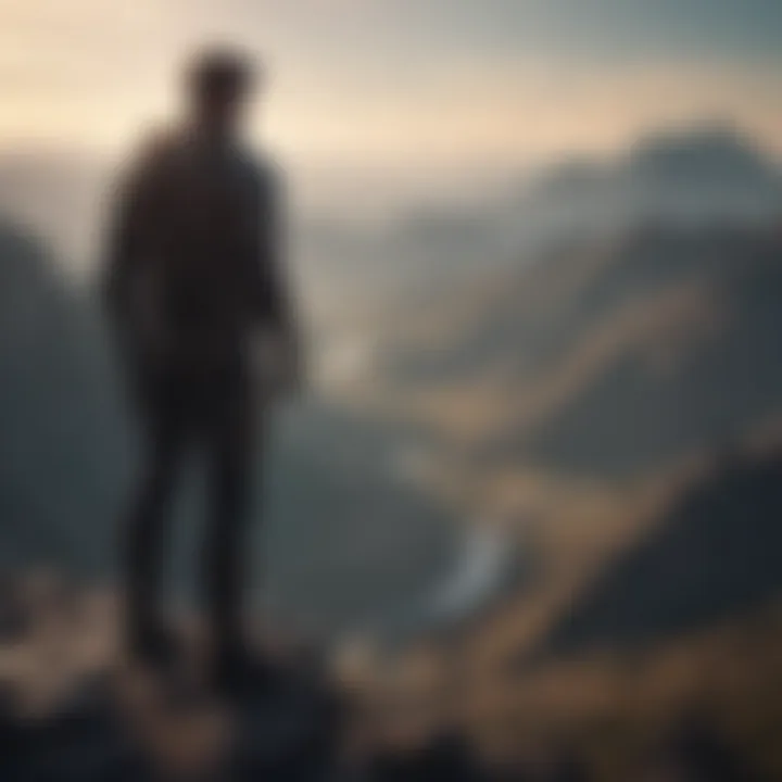 Silhouette standing on mountain top overlooking valley