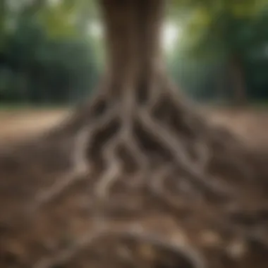 Tree with roots spreading deep in the ground