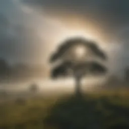 A serene landscape with a solitary tree in a misty morning